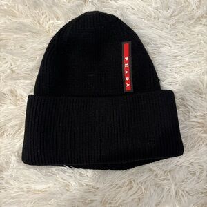 Prada Black Beanie with Red Logo